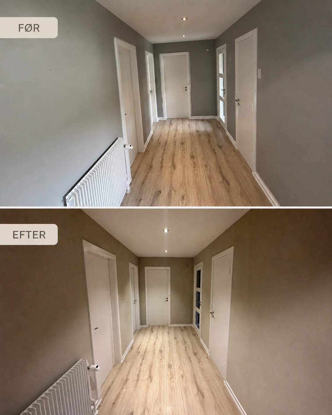 Entré med grå vægge før maling og varme beige vægge efter maling